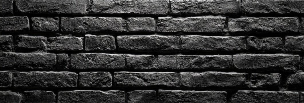 Grayscale close-up of aged, rough, textured brick wall. Dark, weathered, and detailed