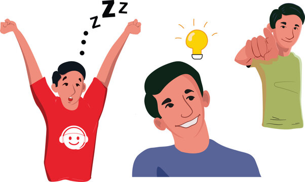 Flat vector illustration set of a male character showing different emotions and gestures. Suitable for communication, UI design, marketing and explainer videos.