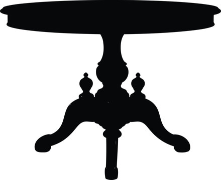 Silhouette of a round table with ornate pedestal base and three curved legs isolated on transparent grid background
