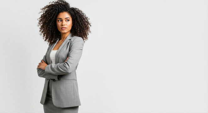 Confident black woman in grey business suit standing with arms crossed  