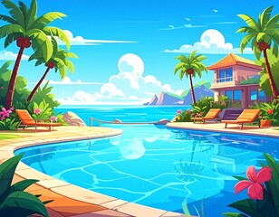 Fototapeta premium Hand drawn cartoon summer swimming pool scene illustration
