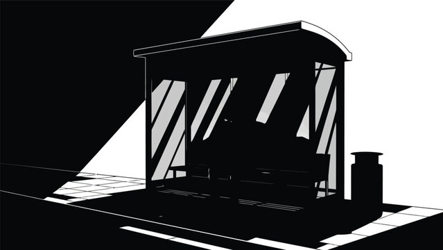 Bus stop shelter with glass panels and benches casting long shadows on pavement representing urban street scene at sunset with atmospheric lighting effects