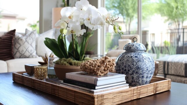 Tranquil Home Decor with Elegant White Orchids and Decorative Accents in Bright Living Room Setting
