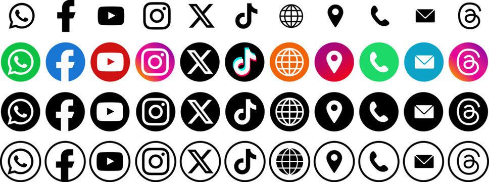 Social media and contacts icon set, colorful and monochrome, multiple styles simple outline, vibrant color circle, solid black circle and outline circle,