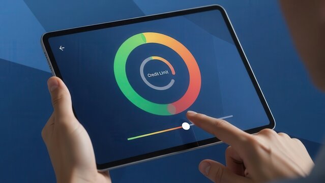 A close-up shot of human hands interacting with a sleek, modern digital tablet device, displaying an intuitive personal finance application with a vibrant green, yellow, and red credit limit gauge and