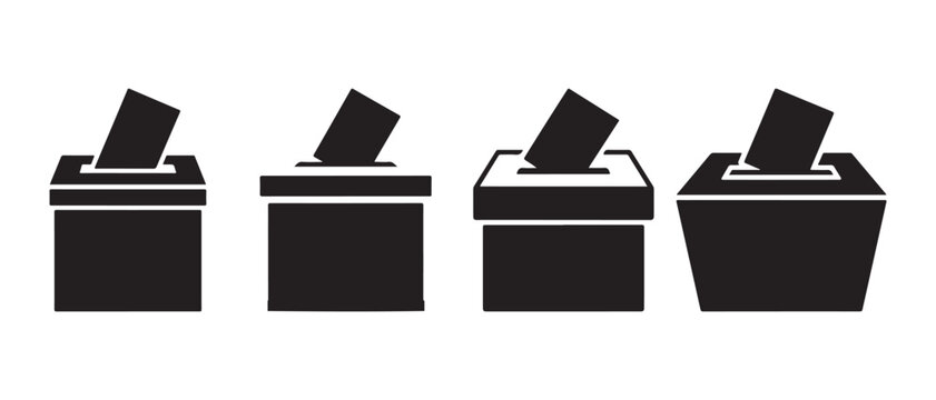 Collection of black ballot boxes with paper ballots inserted, isolated on white background.