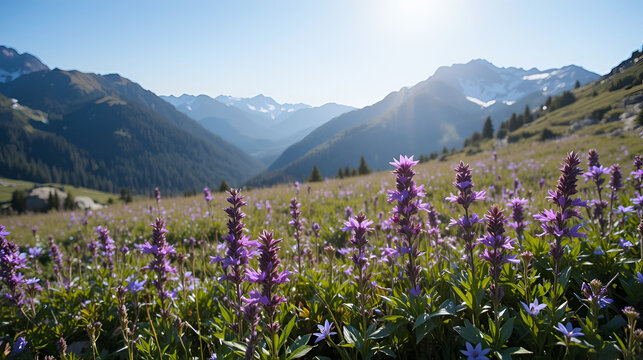 violet gentian up in the mountain field during a sunny day in summer