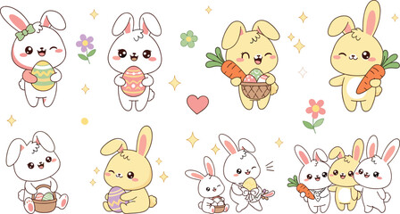 Obraz premium Cute Easter bunny characters set with eggs, carrots, flowers and adorable rabbit couples kawaii cartoon vector illustration collection