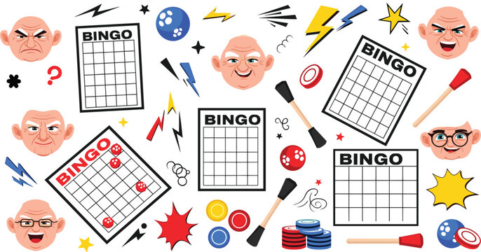 Angry and expressive senior man bingo game set with cards, chips, markers and emotional reactions cartoon vector illustration collection