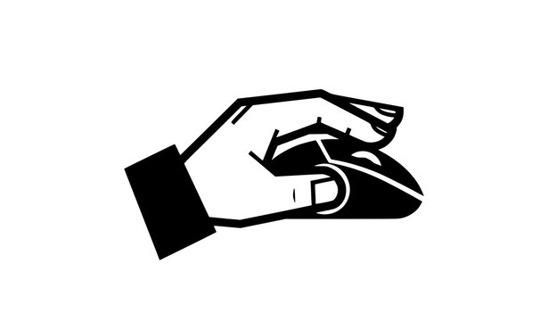 A minimalist vector graphic of a hand holding a computer mouse