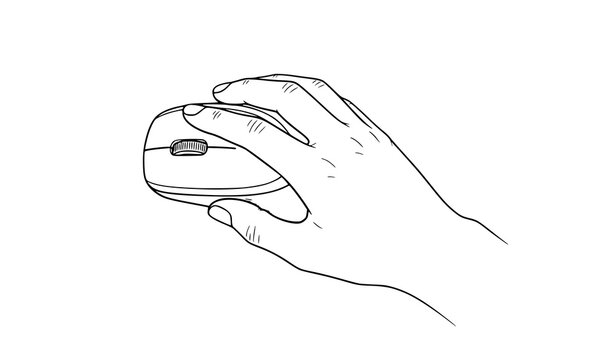 A hand holding a computer mouse in a simple line drawing style