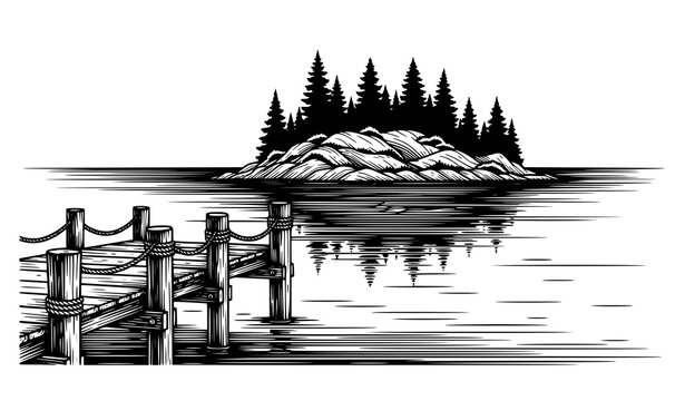 A serene black and white vector illustration of a dock on a lake with a small island