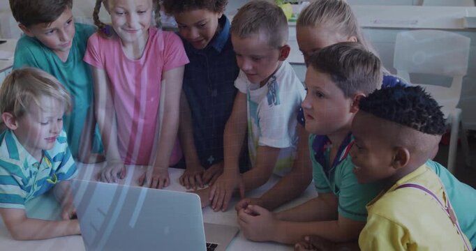 Vertical video: Leaning eight kids watching laptop at school with code overlay flashing, learning