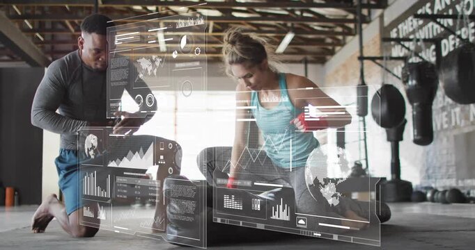 Woman trainee tightening red wraps and striking boxing pad, coach guiding, HUD updating metrics