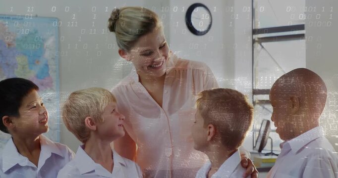 Teacher presenting red object, boys smiling and leaning in, forming tight group for lesson