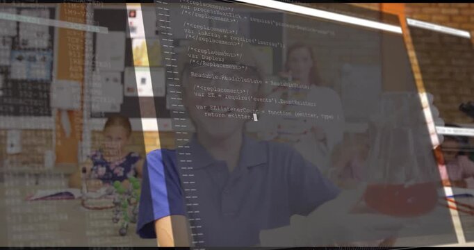 Preteen boy lifting Erlenmeyer flask, causing code overlay and testing red solution in science lab