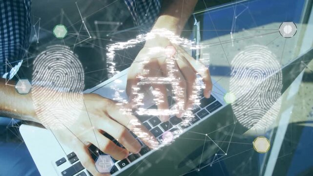 Hands resting, typing initiating animated security overlay, showing padlock shield securing laptop