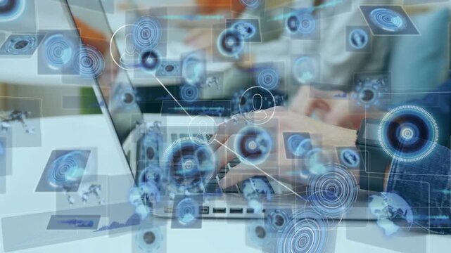 Hands typing, causing blue network nodes layering over laptop and hands for tech analysis
