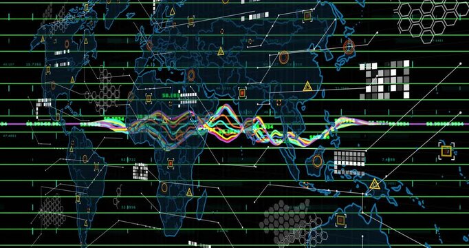 Data pulse initiating waveform sweeping map adding hex grids and readouts showing activity