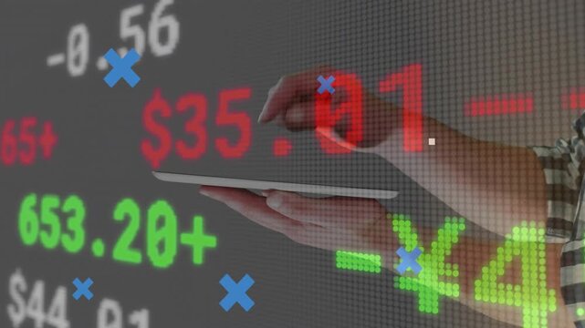 Analytics overlay appearing, hands holding tablet, tapping, pinching charts for adjusting stocks