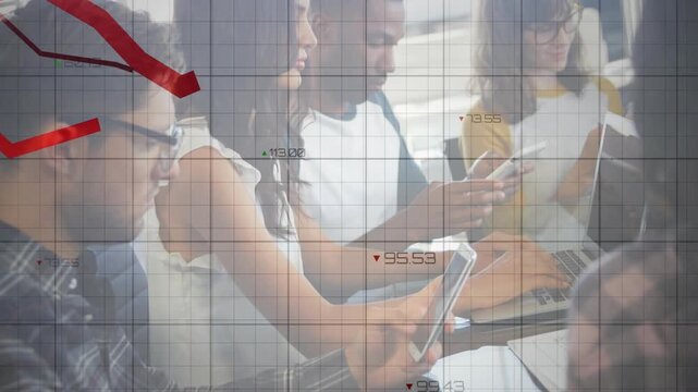 Five colleagues scrolling devices in row, live finance feed creating red charts monitoring markets