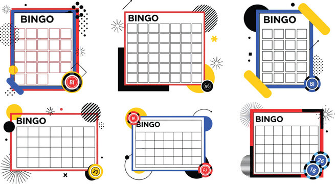 Modern abstract bingo cards collection with geometric shapes, colorful frames and minimal design elements trendy game vector illustration set