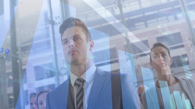 Vertical video: Camera zooming as animated charts overlay man and woman, reviewing business data