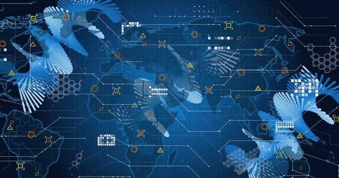 Vertical video: Incoming data driving blue fan cluster sweeping tech map showing global net routes