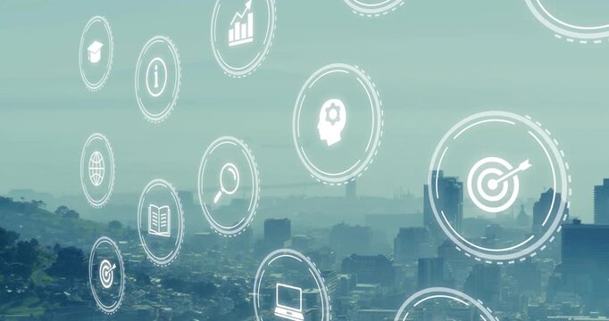 Vertical video: Floating icon grid emerging left, spreading right, scaling into tech data layer