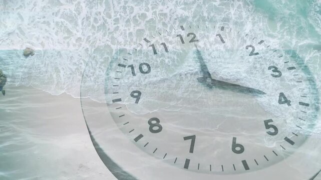 Vertical video: Surf sweeping clock face, hands rotating clockwise, visualizing time for design