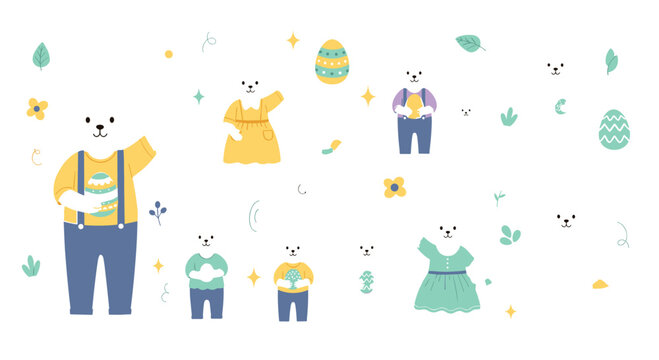 Cute Easter bear characters with festive outfits, eggs and spring elements adorable cartoon animal vector illustration collection for holiday design