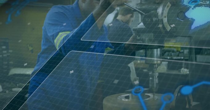 Lead tech reaching crank, lowering spindle and machining rotor while AR grid guiding manufacturing
