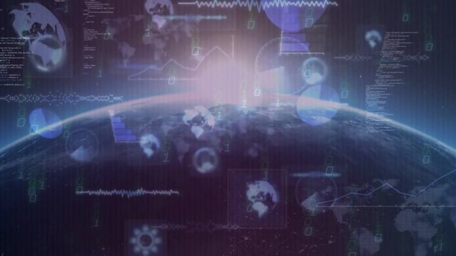 Horizon brightening into bluish rim, revealing HUD charts, globe icons, code for planetary data