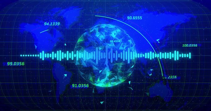 Vertical video: Lowpoly globe sending signal pulse animating waveform and arcs, mapping tech data