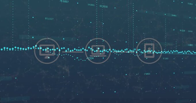 Vertical video: Time advancing teal waveform revealing desktop laptop phone icons showing analytics