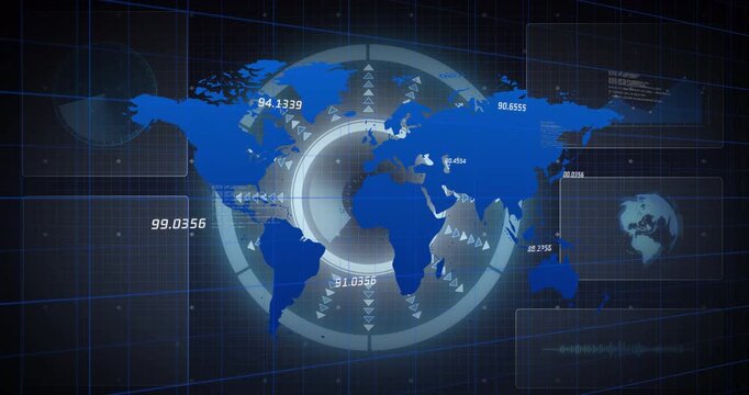 Vertical video: Ring pulsing blue map updating numeric markers and code scrolling for monitoring