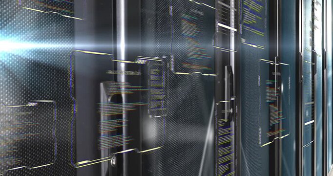 Vertical video: Left flare and camera sliding, tech racks showing shifting holograms mapping nodes