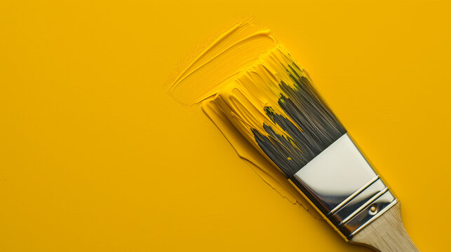 Paint brush with yellow stroke on a butter yellow background, minimal art and creativity concept