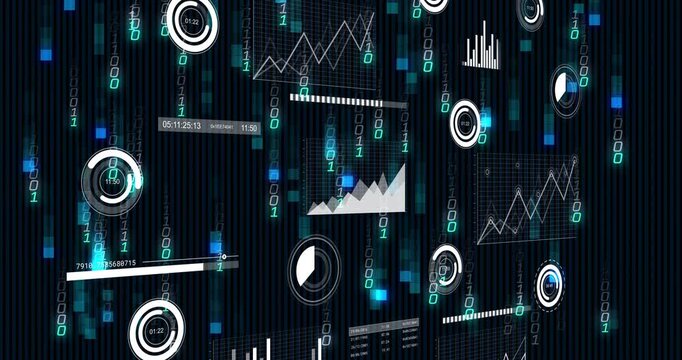 Analytics widgets sliding, updating with falling binary digits increasing, revealing layered view