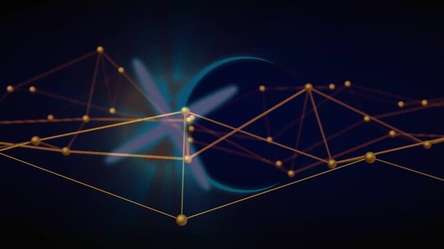 Mesh shifting left, aligning vertex, golden nodes revealing cyan crescent and blue glyph in tech