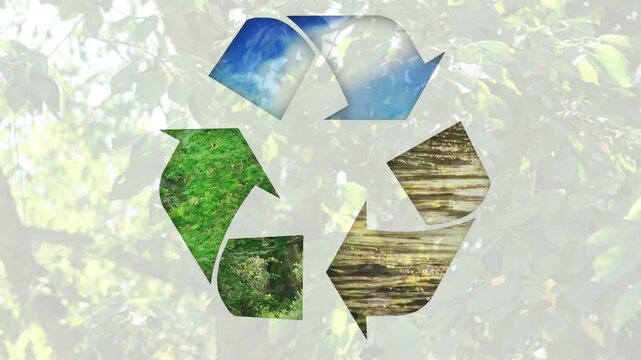 Playback starting, central recycle icon showing cycling sky, green, wood textures for eco message