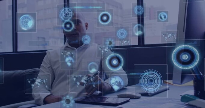Vertical video: Office pro tapping stylus as HUD appearing, manipulating maps for tech brief