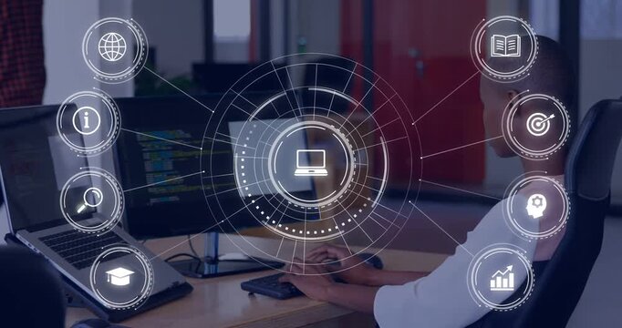 Male developer typing on keyboard, activating HUD showing code and rotating analytics icons