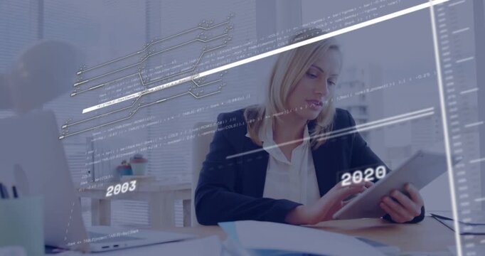 HUD appearing, woman at tablet, tapping timeline and reviewing business years as overlays fading