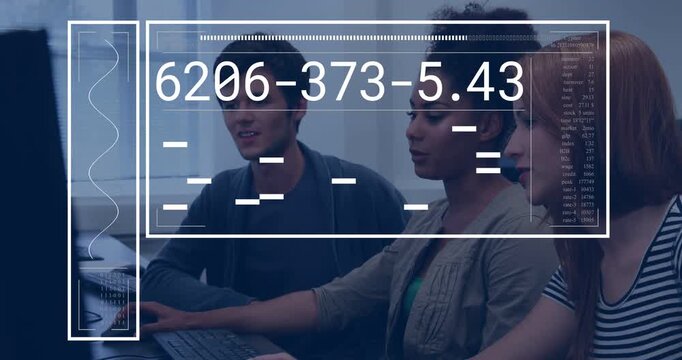 Center female typing keys in computer lab, updating HUD overlay numeric codes and bars for teamwork