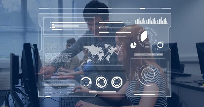 Tutor pointing at screen prompts student typing for learning in training lab, HUD overlaying charts