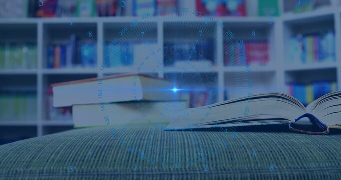 Blue HUD pulsing, right book opening, pages fanning on green cushion in library, revealing shelving