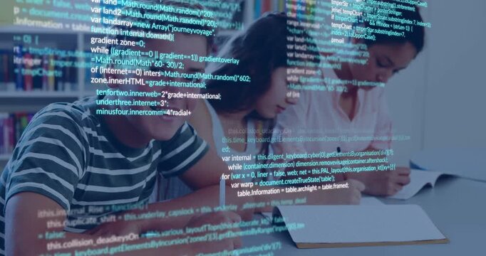 Three students writing at table in classroom, studying while cyan code overlay appearing, obscuring