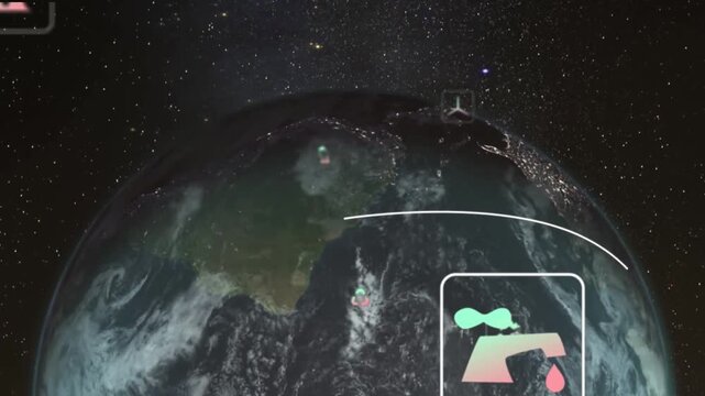 Vertical video: Earth rotating in space arcs drawing and causing HUD icons showing CO2 water spikes