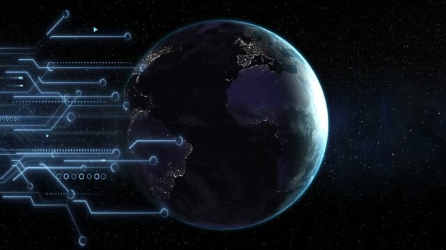 Vertical video: Pulsing HUD initiating Earth's rotation from orbit, sending data toward globe